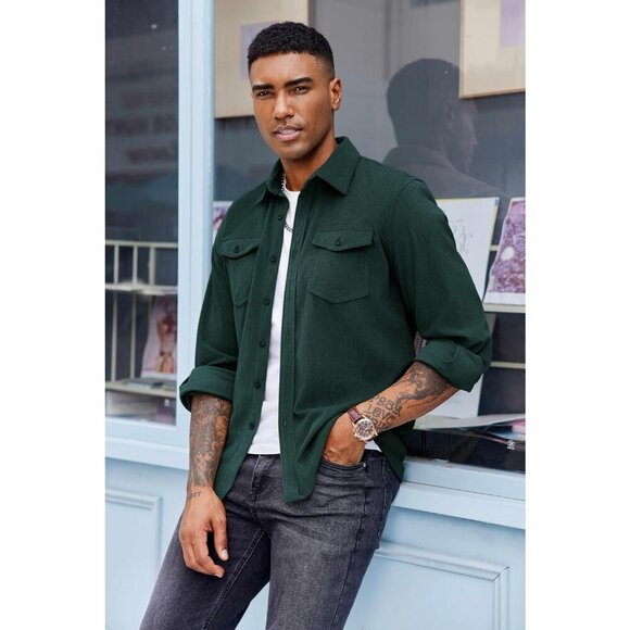 Coofandy Men Lake Green Corduroy Button Down Lightweight Jacket with Flap Pocket - Picture 3 of 5